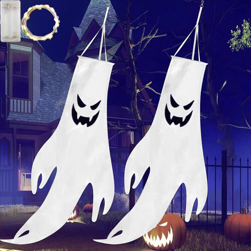 Halloween Hanging Ghost Windsocks Outdoor Lighted Glowing Ghost Witch Home Decor