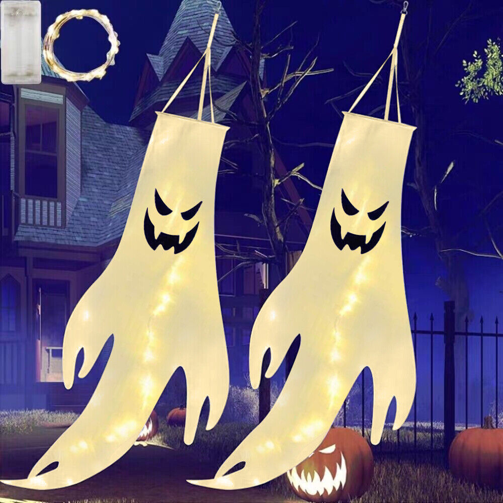 Halloween Hanging Ghost Windsocks Outdoor Lighted Glowing Ghost Witch Home Decor