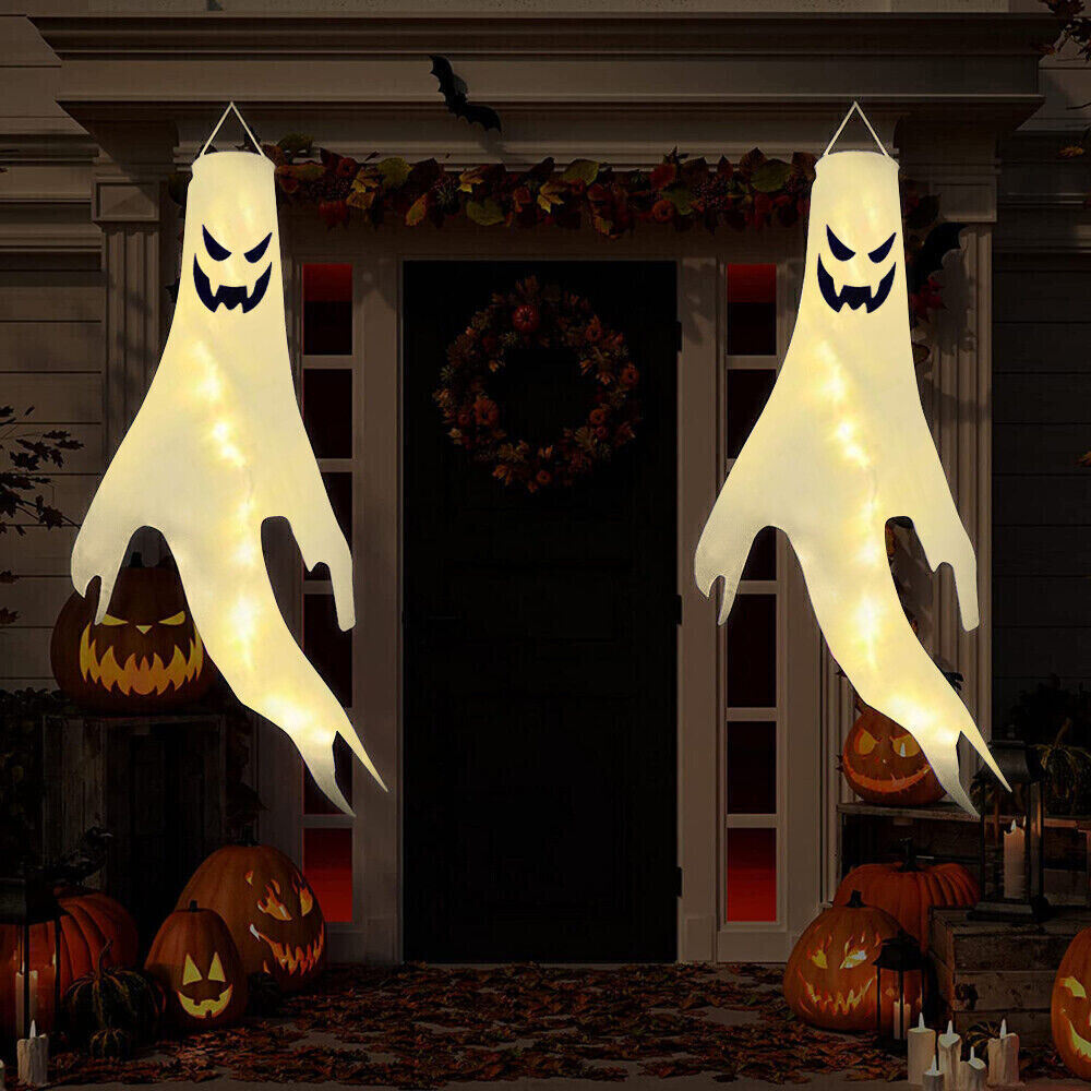 Halloween Hanging Ghost Windsocks Outdoor Lighted Glowing Ghost Witch Home Decor